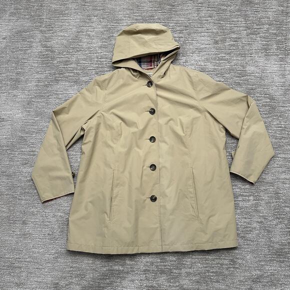 L.L.Bean Coat Womens 2X Tan Hooded Button Front Plaid Lined Polyester Raincoat - Picture 1 of 13